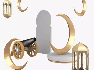 Ramadan Set golden cannon and crescent moon 3D model