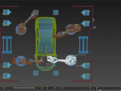 Robot arm animation car manufacturing production line factory 3D model