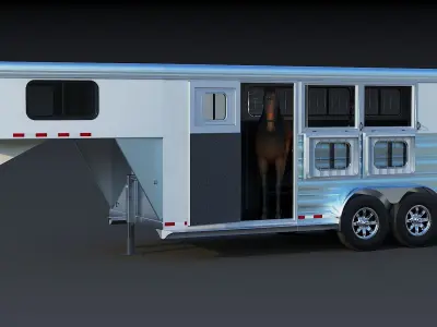 Gooseneck horse trailer with interior and horse Low-poly 3D model