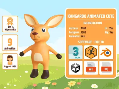 High-Quality 3D Cute Kangaroo - Animated for Games Low-poly 3D model