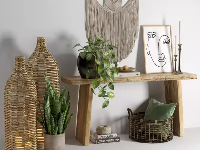 Decor set wooden table with plants and wall hanging 3D model