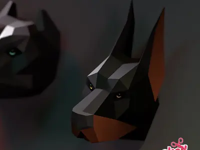 Doberman paper head on wall Low-poly 3D model