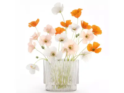 Beautiful Realistic Bouquet Of Wild Flowers Poppy glass vase 627 3D model
