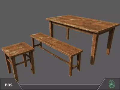 Wooden Bench Table Furniture Pack Free low-poly 3D model