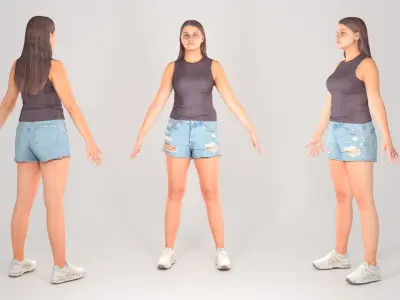 Pretty young woman in denim shorts in A-pose 160 Low-poly 3D model