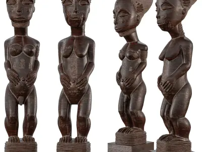 Wooden Tribal Couple Statue Set - African-Inspired Art 3D model