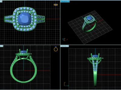 A Regal Radiance Cushion-Cut Sapphire Double Halo Diamond Ring 3D print model