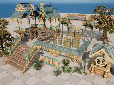 Modular wooden town Low-poly 3D model