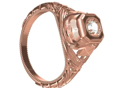 Unique Single Stone engraving Art Deco Ring 3D print model