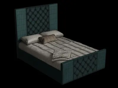 Green Velvet Mid Century Bed Low-poly 3D model