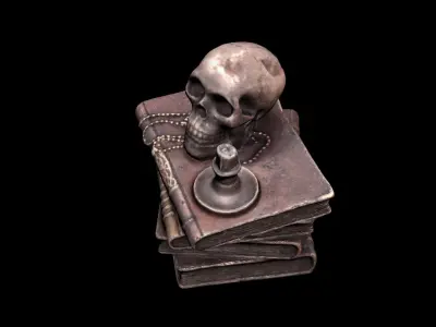 Skull with books Low-poly 3D model