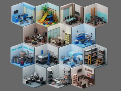 low poly interior rooms Low-poly 3D model