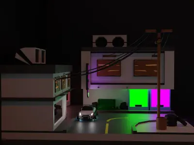 a scene with a car and buildings 3D model