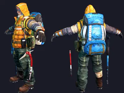 Adventurer two men with backpacks and poles Low-poly 3D model