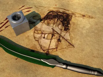 Pen And Paper Classic With Ink Bottle Low-poly 3D model