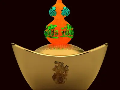Chinese gold ingot with Gourd 3D model