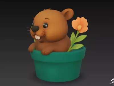 Beaver in Flower Pot Low-poly 3D model