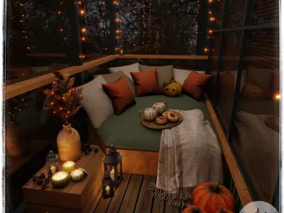 Autumn Balcony Blender Scene - EVENING 3D model