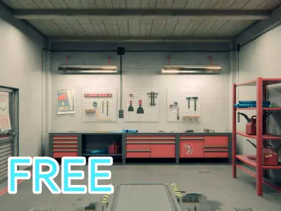 Auto Workshop interier optimized Free low-poly 3D model