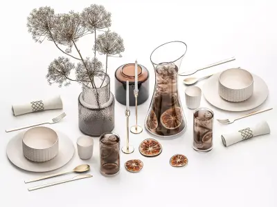 Table Setting With Bouquet And Carafe Of Iced Tea 3D model