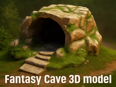 Stylized Fantasy Cave Mossy Rock Shelter Game Asset Low-poly 3D model