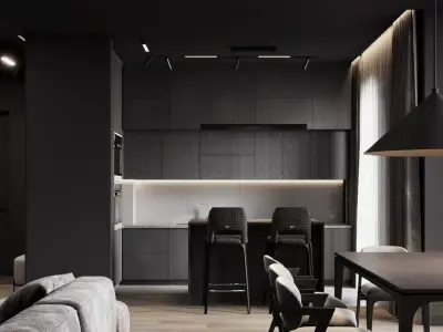 Livingroom and kitchen Interior design style minimalism 3D model
