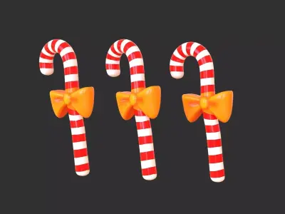 Candy Cane 04 with Bow 3D Model Christmas Decor Low Poly  Low-poly 3D model
