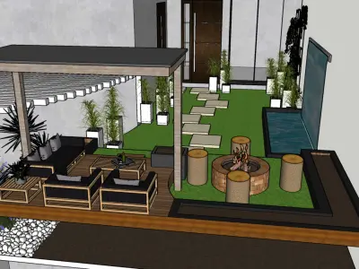  Terrace Garden 3D Model with Pergola and Water Feature 3D model