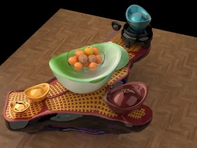 Chinese gold Ingot and orange 3D model