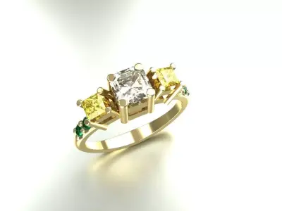 Ladies Gemstone Ring Emerald Princess Round Gold Jewelry 3D print model