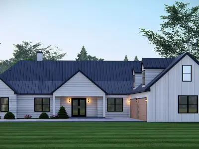 Modern American Farmhouse with FOUR Car Garage Black Metal Roof 3D model