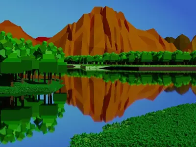 Lakeside lake with trees and mountains Free low-poly 3D model