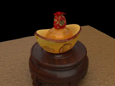 Chinese gold ingot piggy bank with money bag  3D model