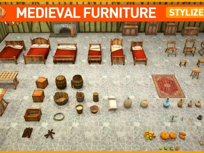 Medieval Furnitures Low-poly 3D model