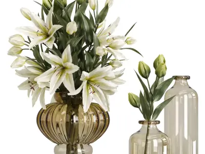 Lily Bouquet with Amber Glass Vases 3D model