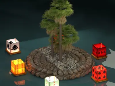 Chinese water lantern with Hawaii palm tree   3D model