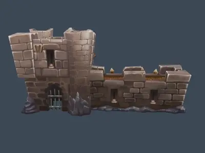 Cartoon Old Stone Fortress Wall Barack Building Low-poly 3D model