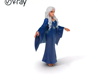 Celestial Sorceress with Silver Hair in Flowing Blue Gown Low-poly 3D model