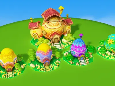 3D Cartoon Easter Village Low-poly 3D model