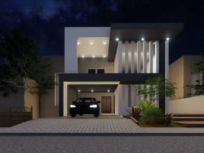Exterior modern house with car parked Low-poly 3D model