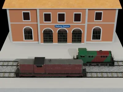 Railway station and two diesel locomotive 3D models Low-poly 3D model