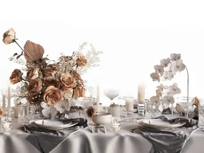 Tableware Set 3 3D model table with flowers and silverware 3D model