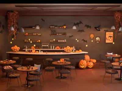 Halloween Cafe Interior Complete Scene with Furniture and Props 3D model