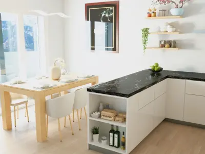 Decorated modern kitchen set with dining table 3D model