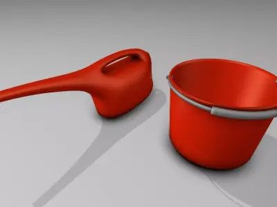 Red Bucket and  Watering Can Low-poly 3D model