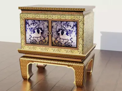 Antique luxury golden asian thai style bookcase cabinet chest 3D model