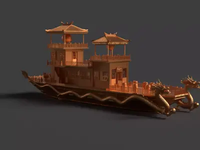 Chinese golden dragon  house boat   Low-poly 3D model