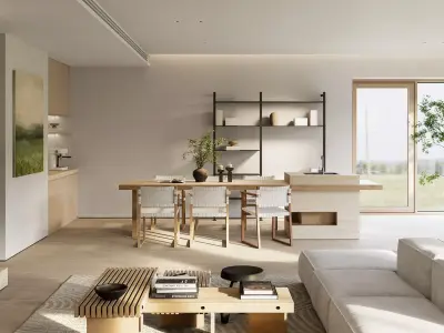 Natural living room and dining room interior 3D model