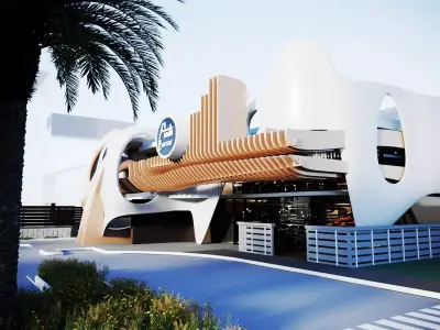 Restaurant futuristic building with palm trees 3D model