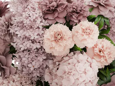 Bouquet in a glass vase flowers peony lilacs hydrangea 600 3D model